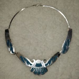 Vintage Alpaca Mexico Silver Blue Crushed Turquoise Inlay Necklace